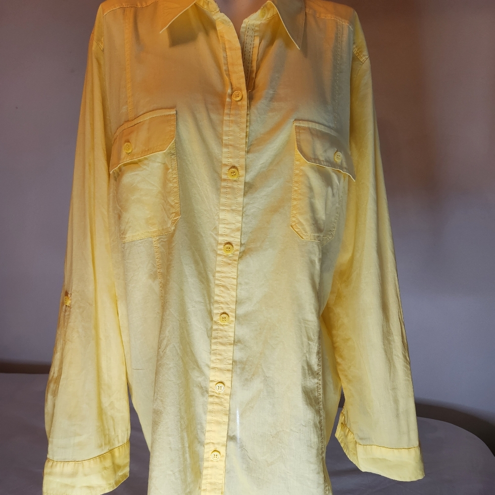Chico's Long-Sleeve Button Down Shirt with Roll Up Sleeves - Yellow - Size 3